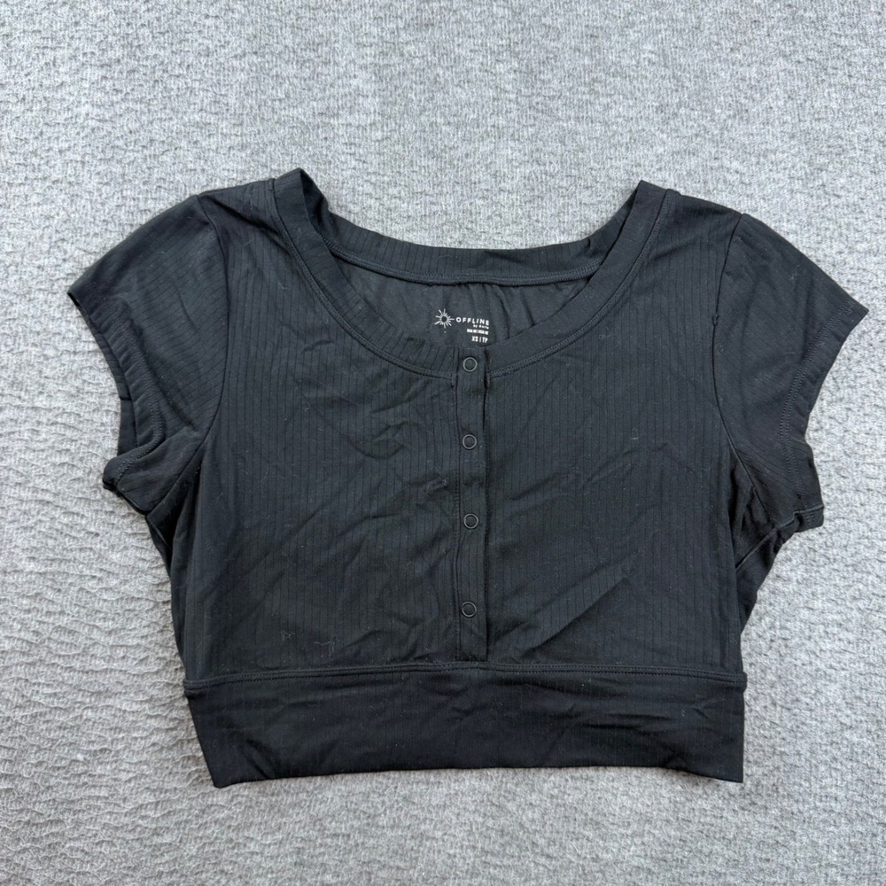 OFFLINE by Aerie Crop Top Women's XS Black Ribbed Henley Real Me Cap Sleeve